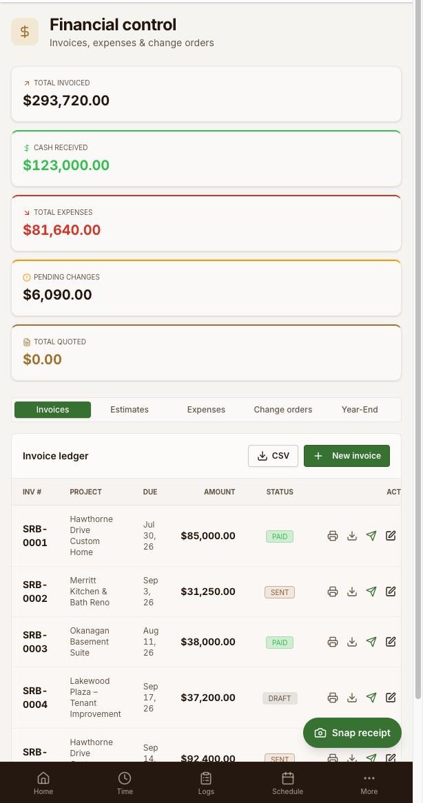 Snap receipt button in the Copperleaf Build mobile Finances tab